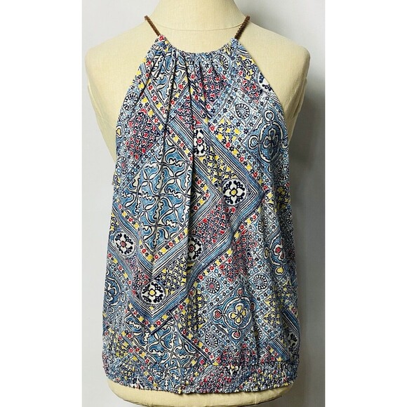 Chaps Denim Sleeveless Top XL Woven Strap Chain Closure Paisley Smocked Boho - Picture 1 of 4